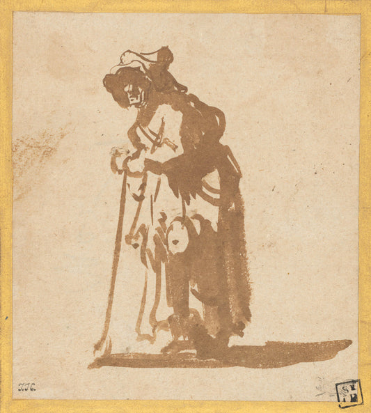 Beggar Woman Leaning on a Stick by Rembrandt van Rijn (Dutch, 1606 - 1669), 16X12"(A3)Poster Print
