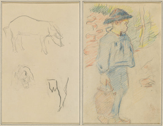 Three Studies of a Pig; Breton Boy Walking with a Jug [recto] by Paul Gauguin (French, 1848 - 1903), 16X12"(A3)Poster Print