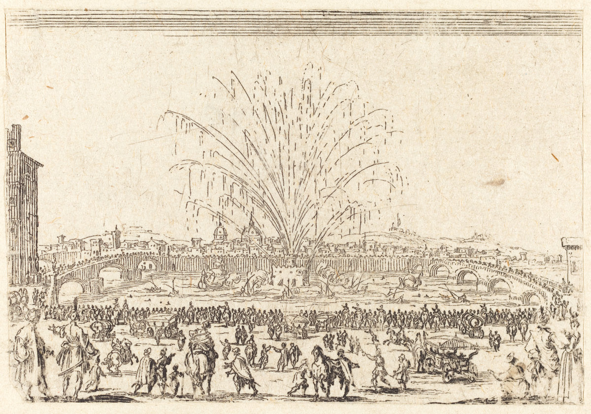 Fireworks on the Arno, Florence by Jacques Callot (French, 1592 - 1635), 16X12"(A3)Poster Print