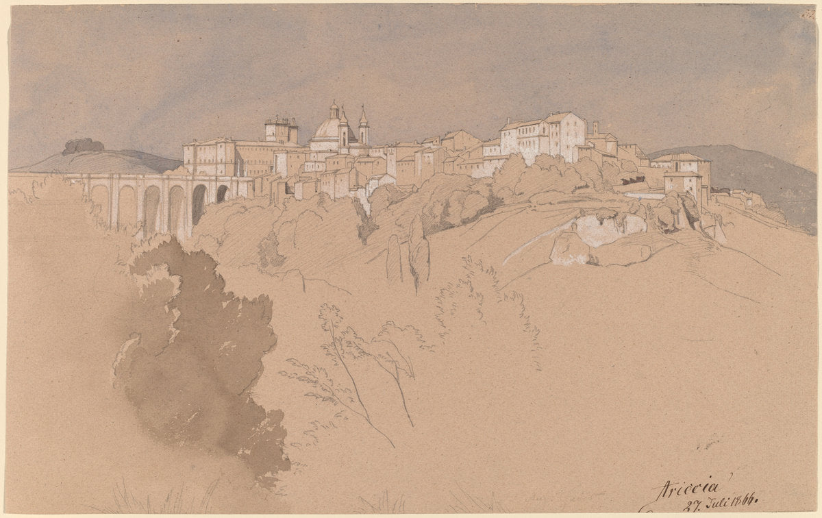 Ariccia Seen from across a Valley by August Christian Geist (German, 1835 - 1868), 16X12"(A3)Poster Print
