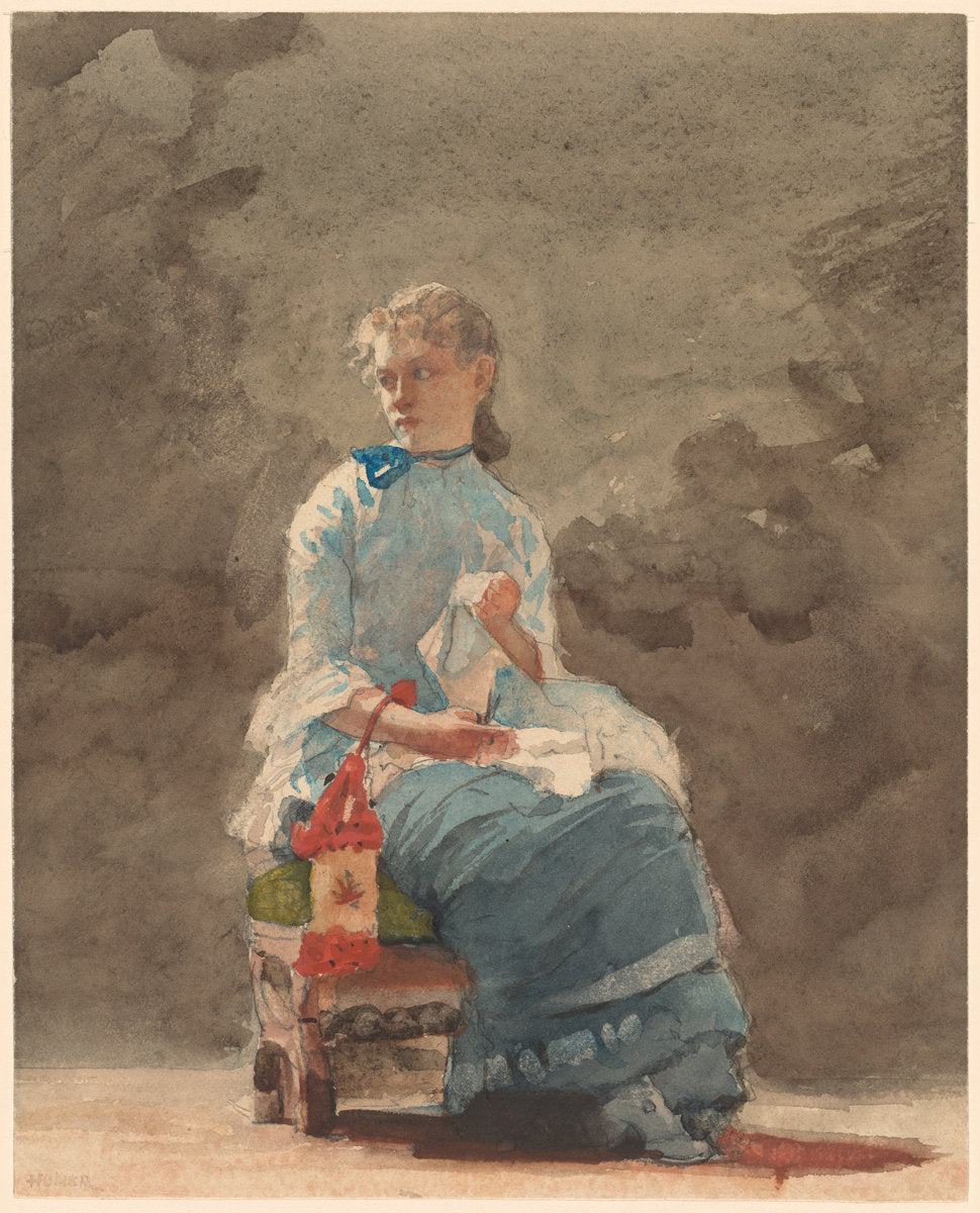 Young Woman Sewing by Winslow Homer (American, 1836 - 1910), 16X12"(A3)Poster Print