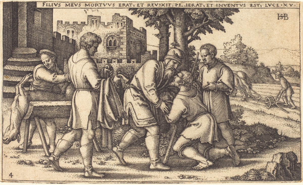 Return of the Prodigal Son by Sebald Beham (German, 1500 - 1550), 16X12"(A3)Poster Print