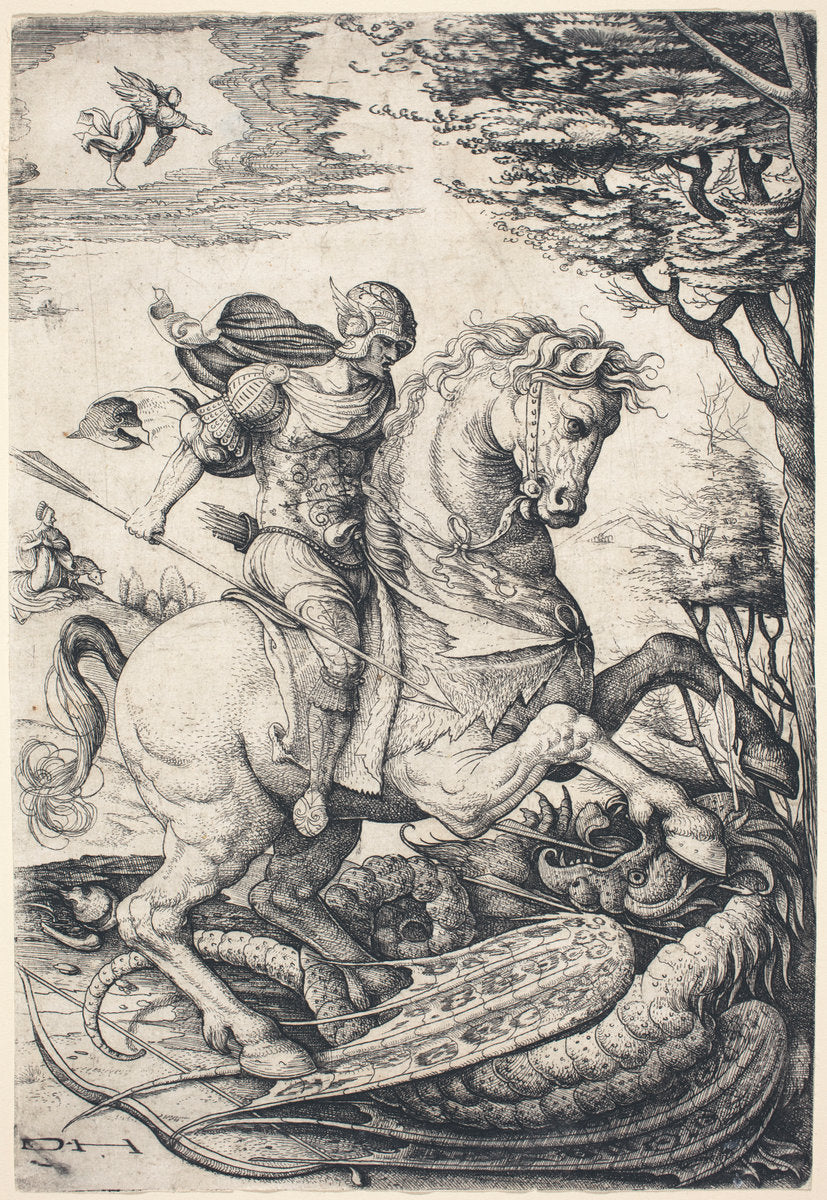 Saint George on Horseback Slaying the Dragon by Daniel Hopfer (German, c. 1470 - 1536), 16X12"(A3)Poster Print