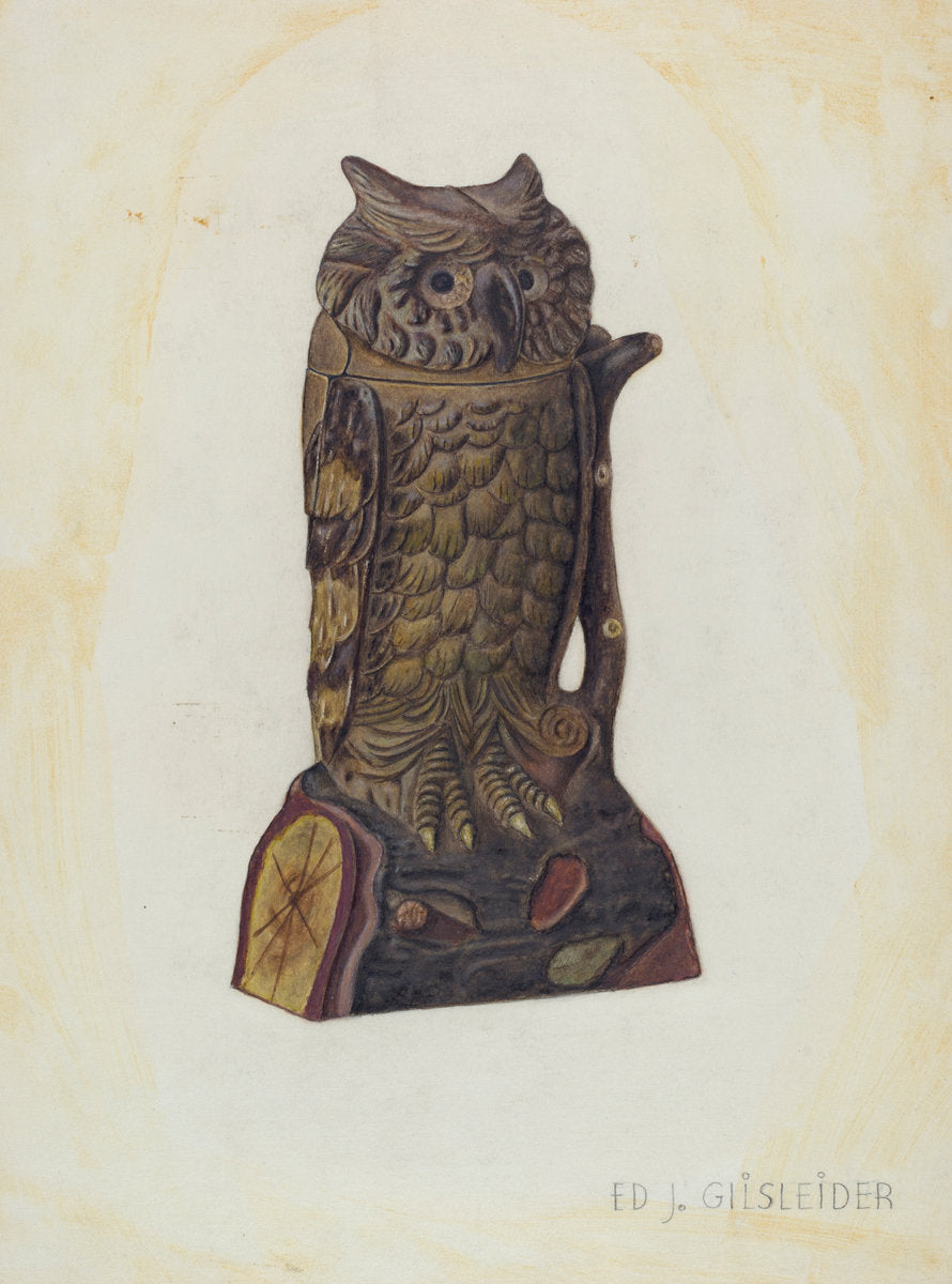 Mechanical Penny Bank: Owl by E.J. Gilsleider (American, active c. 1935), 16X12"(A3)Poster Print