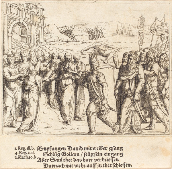 David is Welcomed after Killing Goliath, and Saul's Jealousy by Augustin Hirschvogel (German, 1503 - 1553), 16X12"(A3)Poster Print