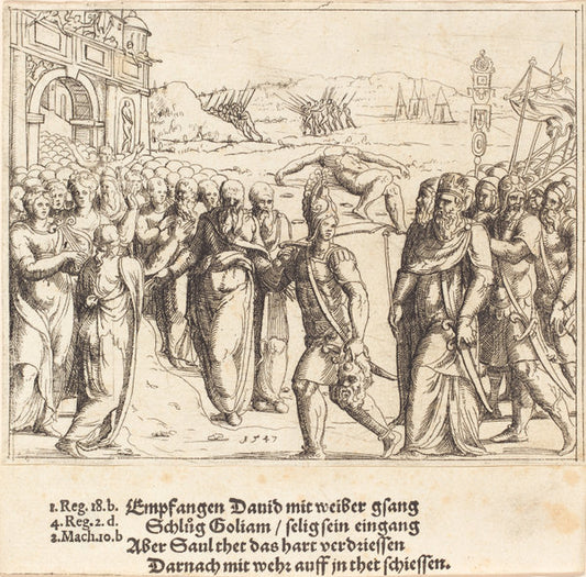 David is Welcomed after Killing Goliath, and Saul's Jealousy by Augustin Hirschvogel (German, 1503 - 1553), 16X12"(A3)Poster Print