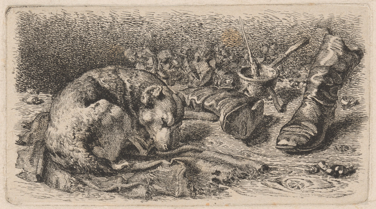 Dog Asleep Beside a Pair of Boots by Sixt Thon (German, 1817 - 1901), 16X12"(A3)Poster Print