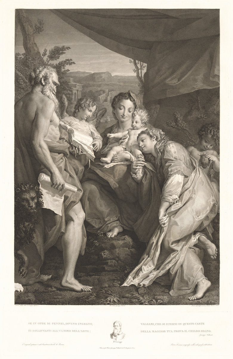 Virgin and Child with Saints Jerome and Catherine and an Angel by Mauro Gandolfi, after Correggio (Italian, 1764 - 1834), 16X12"(A3)Poster Print