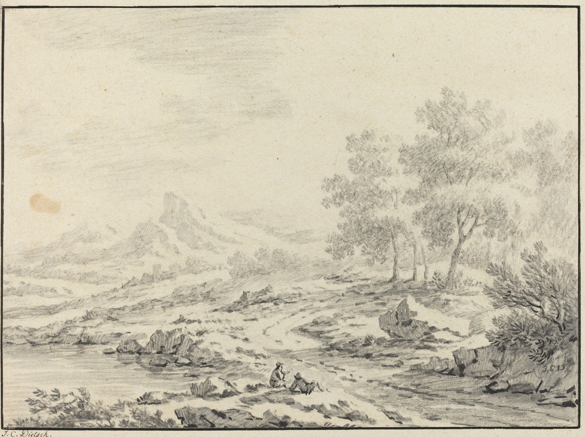Two Men Resting near a Lake by Johann Christoph Dietzsch (German, 1710 - 1769), 16X12"(A3)Poster Print