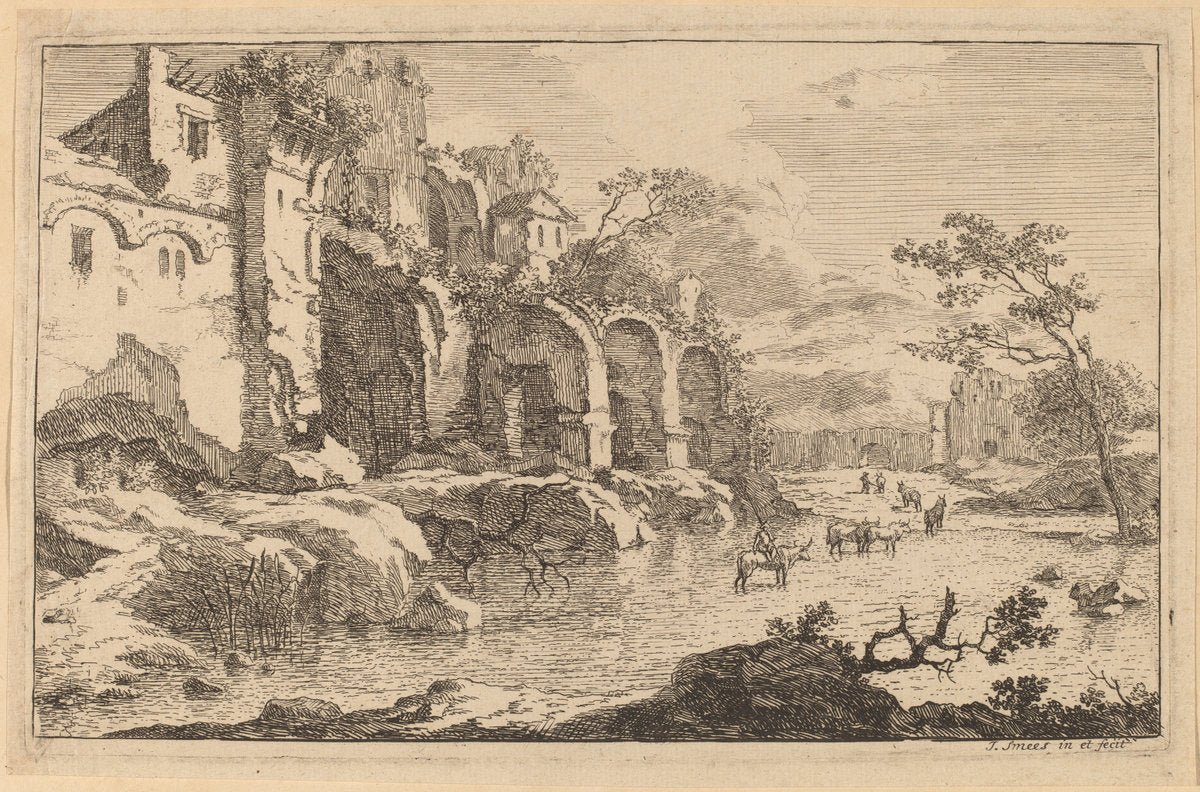 Building in Ruins at the Side of a River by Jan Smees (Dutch, active 1705 - 1729), 16X12"(A3)Poster Print