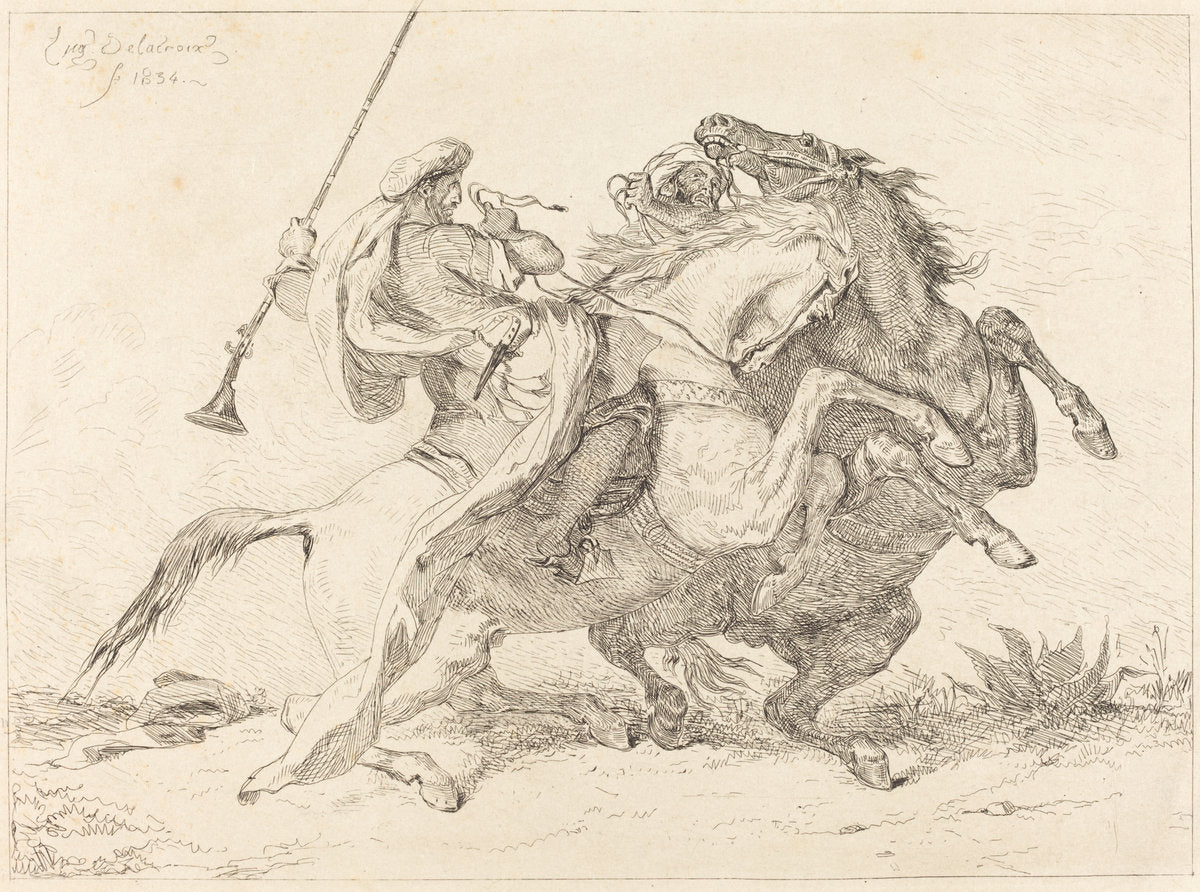 Encounter of the Moorish Horsemen (Rencontre de Cavaliers Maures) by Eugène Delacroix (French, 1798 - 1863), 16X12"(A3)Poster Print