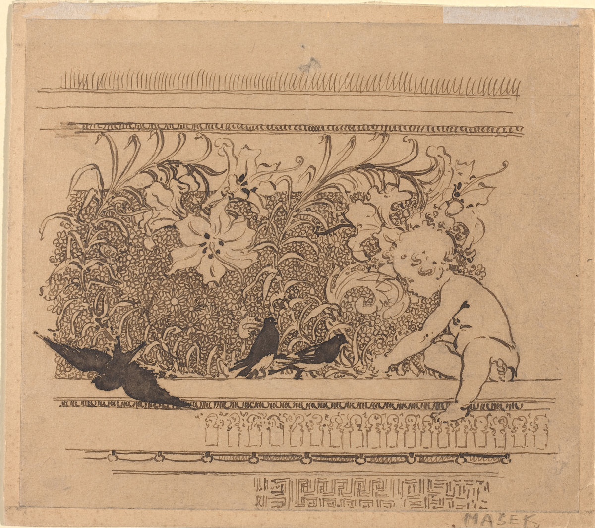 Ornamental Design with Birds and Lily by Karel Vitezslav Masek (Czech, 1865 - 1927), 16X12"(A3)Poster Print