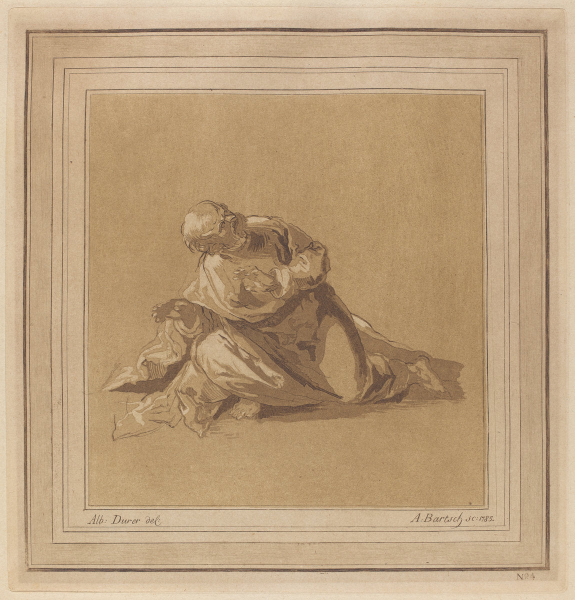 A Crouching Apostle (Saint Peter) by Adam von Bartsch, after a drawing formerly attributed to Albrecht Dürer (Austrian, 1757 - 1821), 16X12"(A3)Poster Print