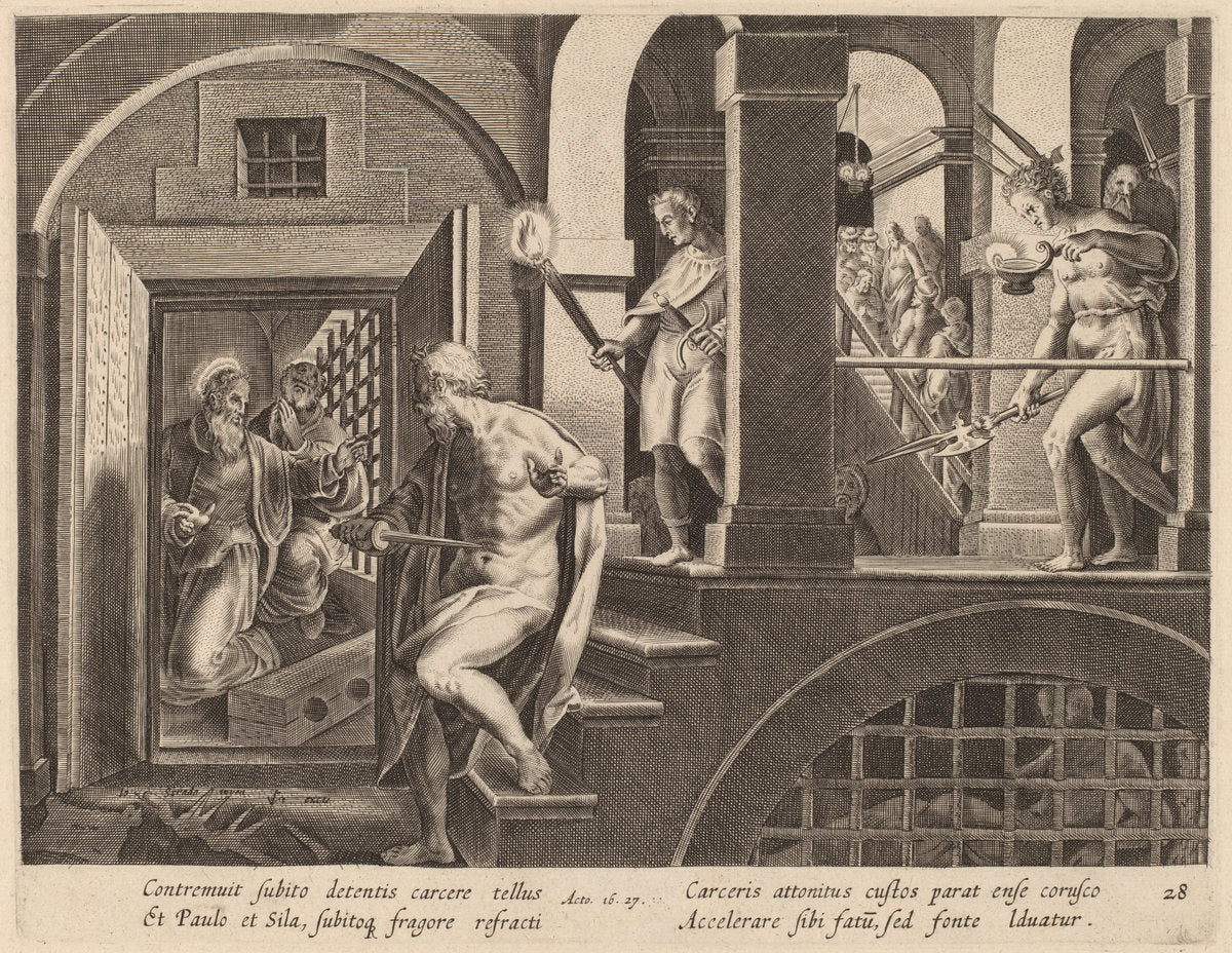 The Jailer about to Kill Himself, Converted by Saint Paul by Philip Galle after Jan van der Straet (Flemish, 1537 - 1612), 16X12"(A3)Poster Print