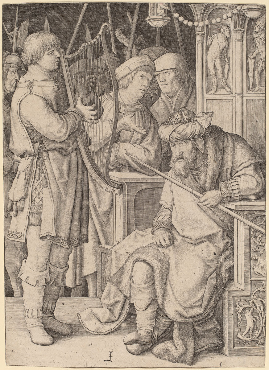 David Playing the Harp before Saul by Lucas van Leyden (Netherlandish, 1489/1494 - 1533), 16X12"(A3)Poster Print
