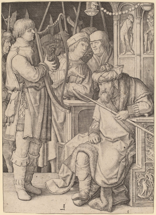 David Playing the Harp before Saul by Lucas van Leyden (Netherlandish, 1489/1494 - 1533), 16X12"(A3)Poster Print