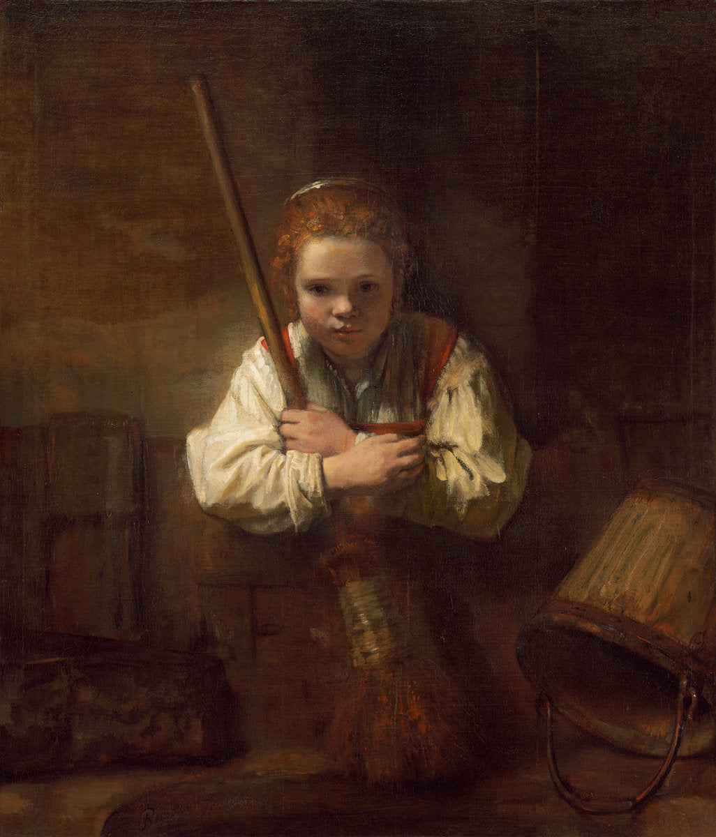 probably begun 1646/1648 and completed 1651 by Rembrandt Workshop (Possibly Carel Fabritius) (A Girl with a Broom), 16X12"(A3)Poster Print