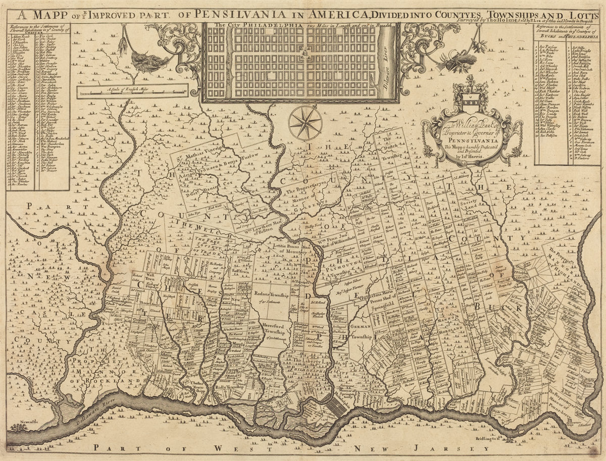 A mapp of ye improved part of Pensilvania in America, divided into countyes, townships and lotts by Thomas Holme (English, 1624 - 1695), 16X12"(A3)Poster Print