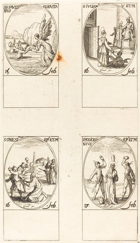 Sts. Faustinus and Jovita; St. Juliana; St. Onesimus; St. Policronius by Jacques Callot (French, 1592 - 1635), 16X12"(A3)Poster Print