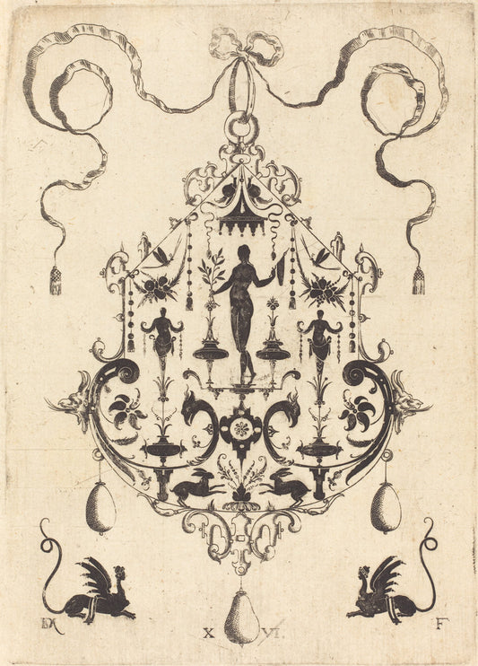 Large Pendant, Victory Flanked by Two Herms at Centre by Daniel Mignot (German, active 1593/1596), 16X12"(A3)Poster Print