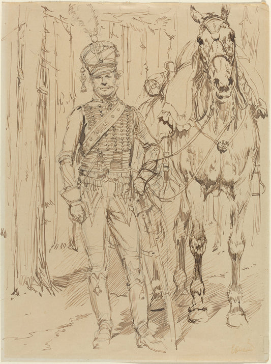 A French Hussar Leading a Horse by Jean-Baptiste-Edouard Detaille (French, 1848 - 1912), 16X12"(A3)Poster Print