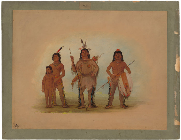 Spokan Chief, Two Warriors, and a Boy by George Catlin (American, 1796 - 1872), 16X12