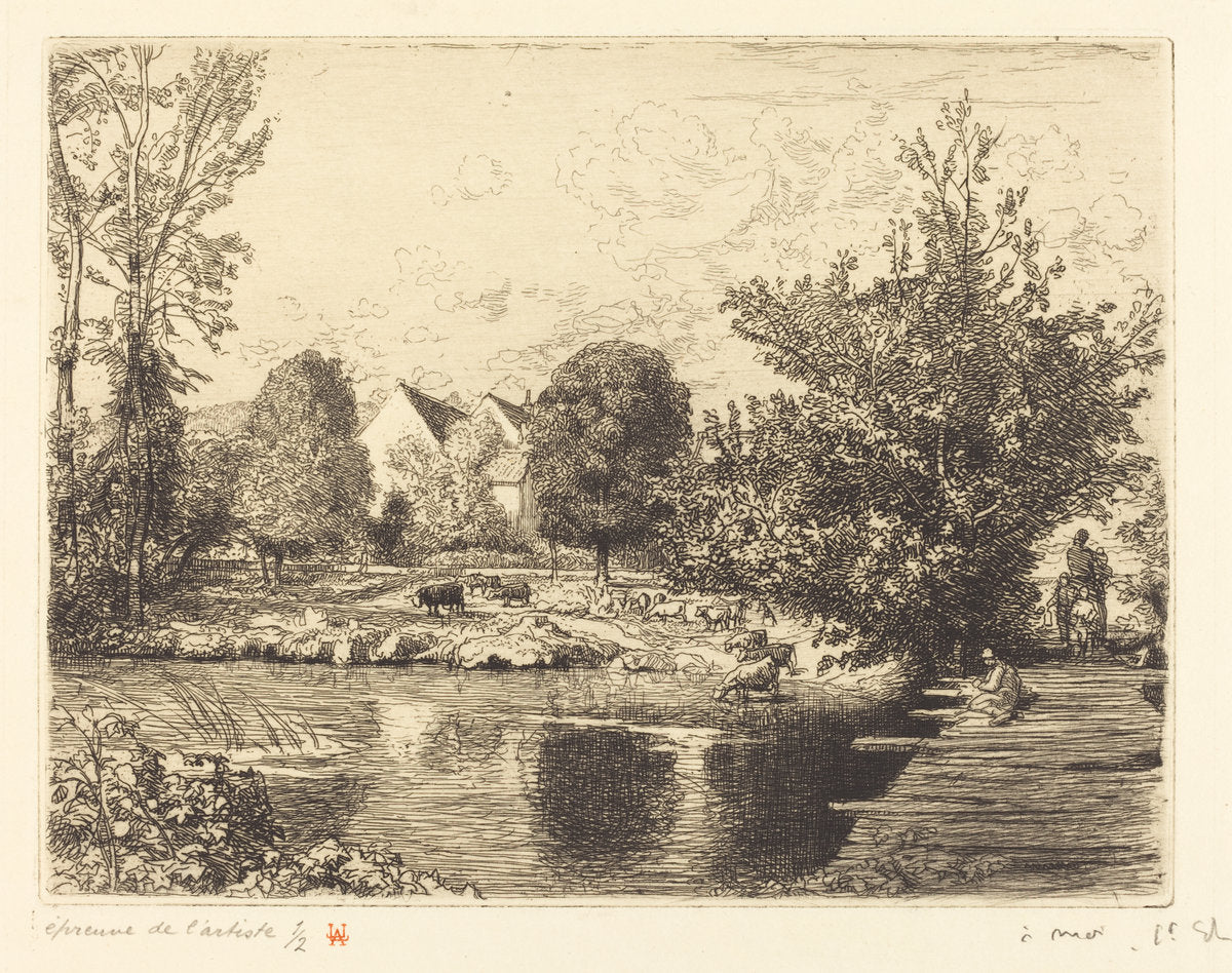 Old Foot-bridge, Banks of the Small Morin (Vieille passerelle, bords du petit morin) by Auguste Lepère (French, 1849 - 1918), 16X12"(A3)Poster Print