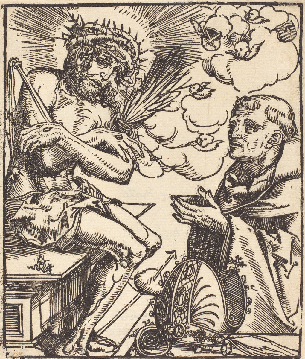 Saint Bernard Adoring the Man of Sorrows by Lucas Cranach the Elder (German, 1472 - 1553), 16X12"(A3)Poster Print