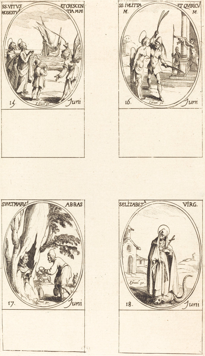 Sts. Vitus, Modestus, & Crescentia; Sts. Julitta & Quiricus; St. Avitus, Abbot; St. E by Jacques Callot (French, 1592 - 1635), 16X12"(A3)Poster Print
