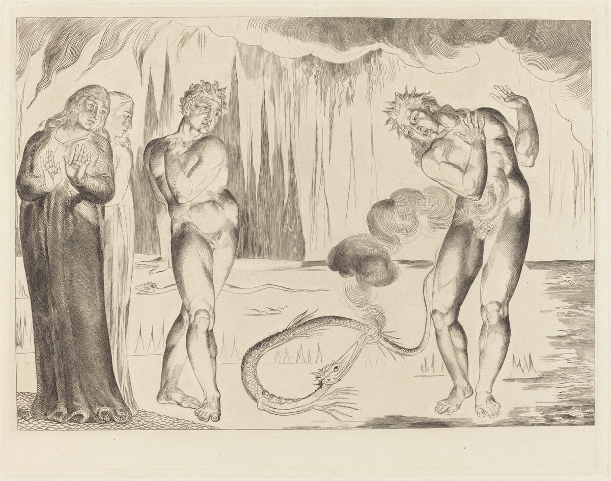 The Circle of the Thieves; Buoso Donati Attacked by the Serpent by William Blake (British, 1757 - 1827), 16X12"(A3)Poster Print