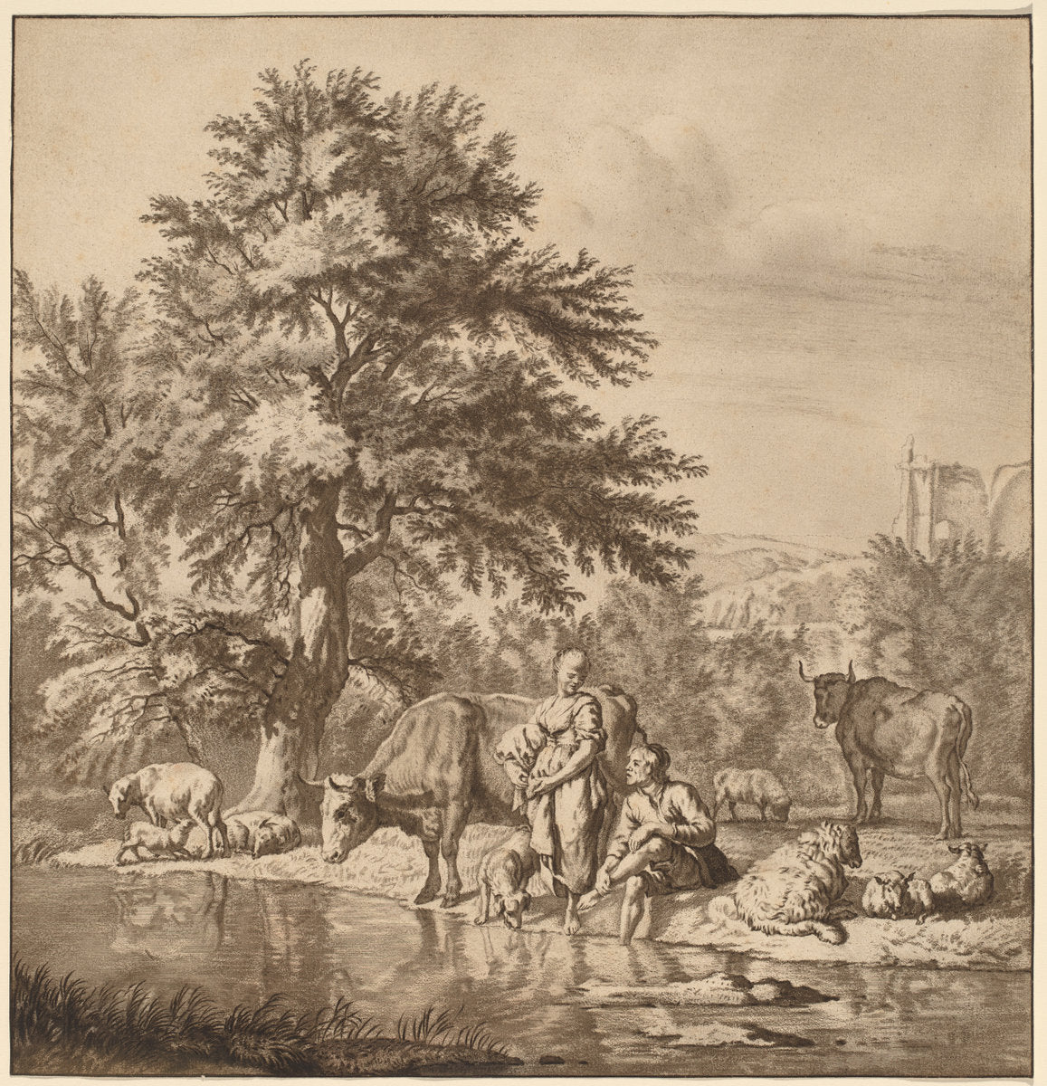 Shepherd and Shepherdess with Their Flock by Cornelis Ploos van Amstel after Adriaen van de Velde (Dutch, 1726 - 1798), 16X12"(A3)Poster Print