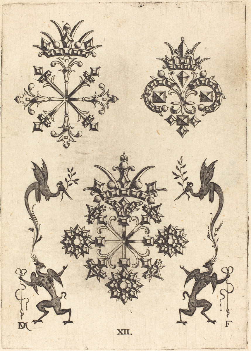 Three Brooches with Winged Snakes at Left  and Right and Winged Griffins at Bottom by Daniel Mignot (German, active 1593/1596), 16X12"(A3)Poster Print