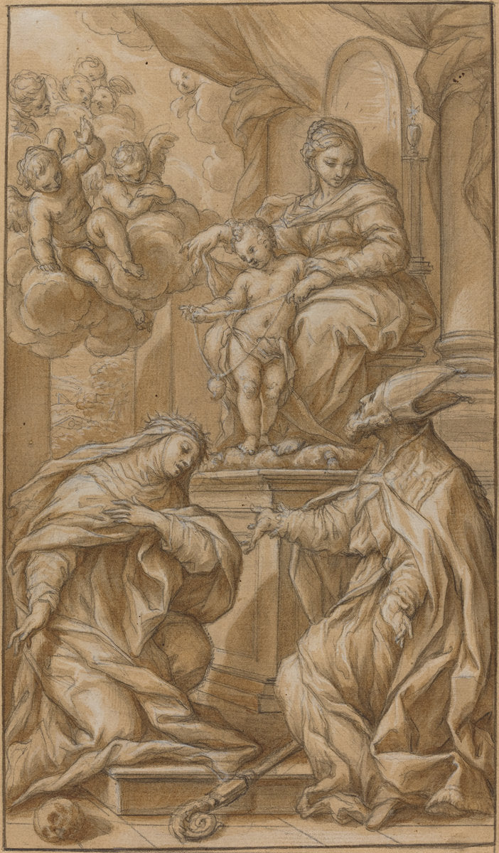 The Madonna and Child Enthroned, Adored by Two Saints by Giuseppe Nicola Nasini (Sienese, 1657 - 1736), 16X12"(A3)Poster Print