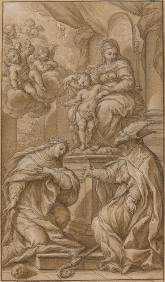 The Madonna and Child Enthroned, Adored by Two Saints by Giuseppe Nicola Nasini (Sienese, 1657 - 1736), 16X12"(A3)Poster Print