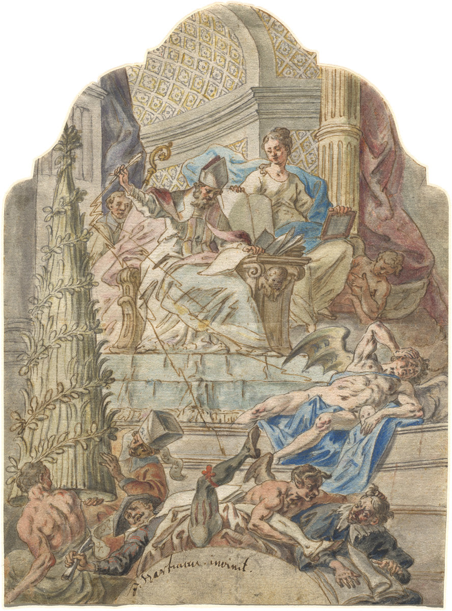 Saint Augustine Subdues Heresy with Lightning Bolts from His Pen by Joseph Hartmann (German, 1747 - 1788), 16X12"(A3)Poster Print