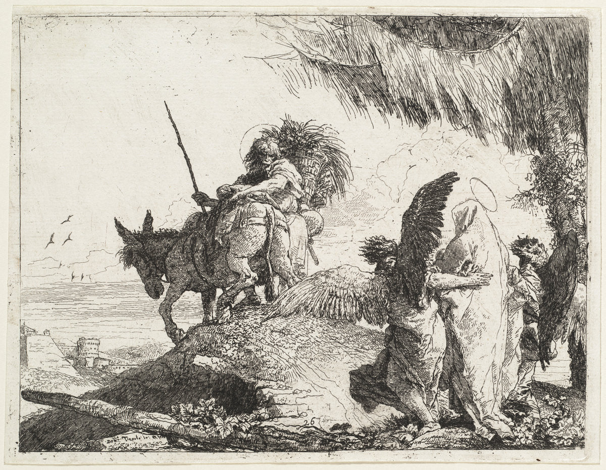 The Flight, with Madonna at Right Supported by Angels by Giovanni Domenico Tiepolo (Venetian, 1727 - 1804), 16X12"(A3)Poster Print