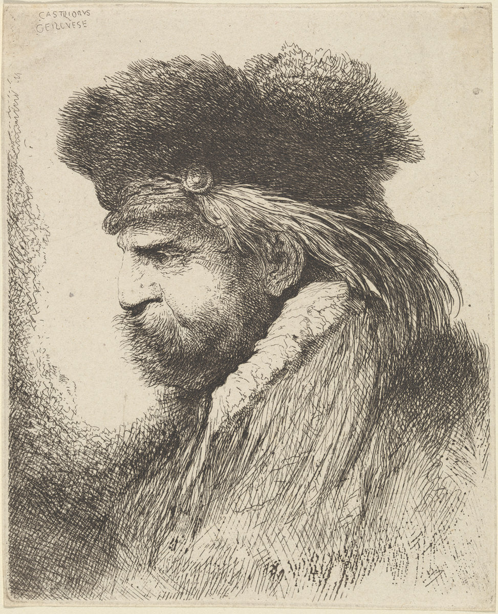 Bearded Man in a Fur Cap, Facing Left by Giovanni Benedetto Castiglione (Italian, 1609  - 1664), 16X12"(A3)Poster Print