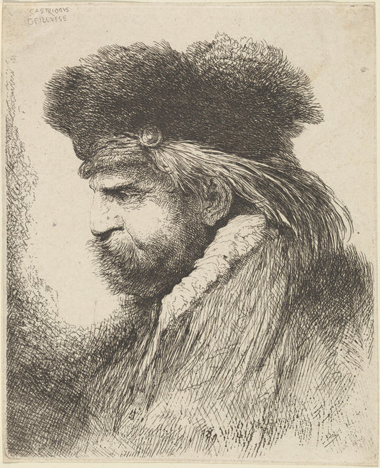 Bearded Man in a Fur Cap, Facing Left by Giovanni Benedetto Castiglione (Italian, 1609  - 1664), 16X12"(A3)Poster Print