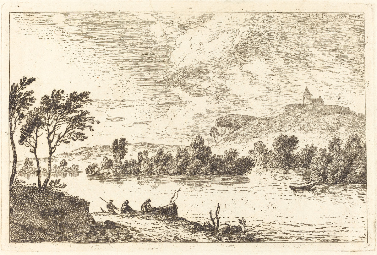 River Landscape with Figures and a Boat at Water's Edge by Nicolas Pérignon (French, 1727 - 1782), 16X12"(A3)Poster Print