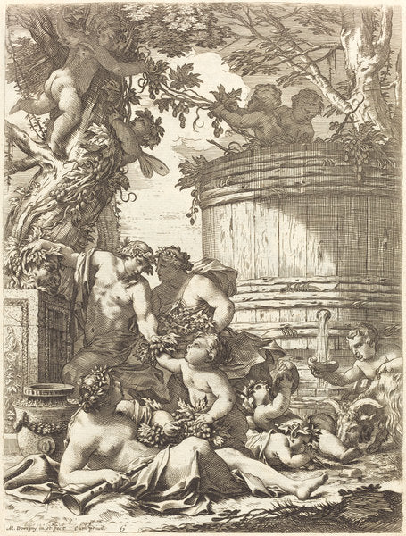 Putti with Grapes and a Seated Bacchante by Michel Dorigny (French, 1617 - 1665), 16X12"(A3)Poster Print