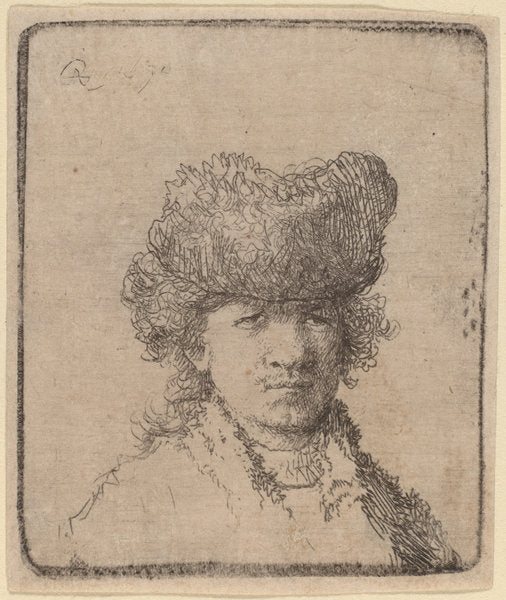 Self-Portrait in a Fur Cap by Rembrandt van Rijn (Dutch, 1606 - 1669), 16X12"(A3)Poster Print