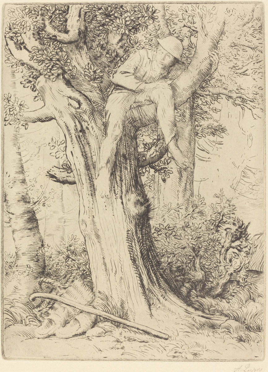 Landscape with a Boy in a Tree (Paysage avec un garcon gimpe sur un arbre dite "Le denicher d'oiseaux) by Alphonse Legros (French, 1837 - 1911), 16X12"(A3)Poster Print