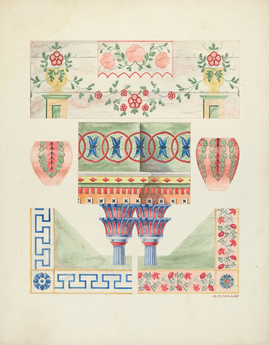 Details of Painted Decorations on Reredos and Walls by Randolph F. Miller (American, active c. 1935), 16X12"(A3)Poster Print