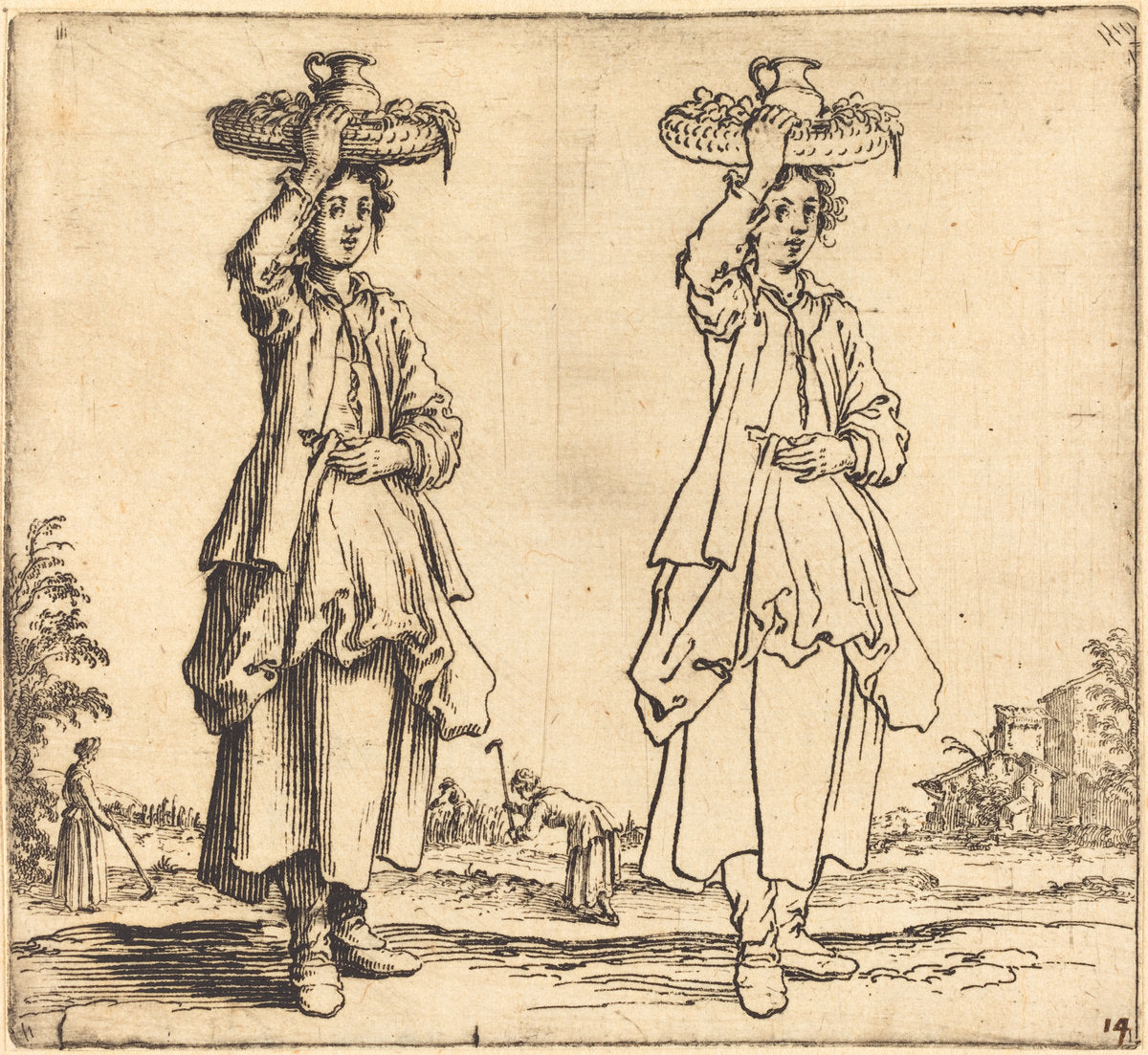 Peasant Woman with Basket on Head, Front View by Jacques Callot (French, 1592 - 1635), 16X12"(A3)Poster Print