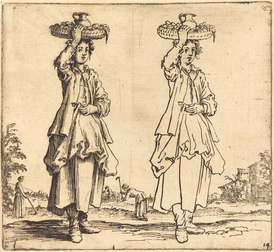Peasant Woman with Basket on Head, Front View by Jacques Callot (French, 1592 - 1635), 16X12"(A3)Poster Print