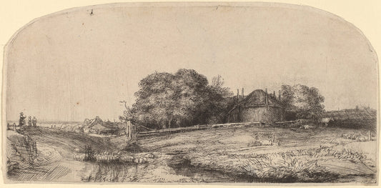 Landscape with a Hay Barn and a Flock of Sheep by Rembrandt van Rijn (Dutch, 1606 - 1669), 16X12"(A3)Poster Print