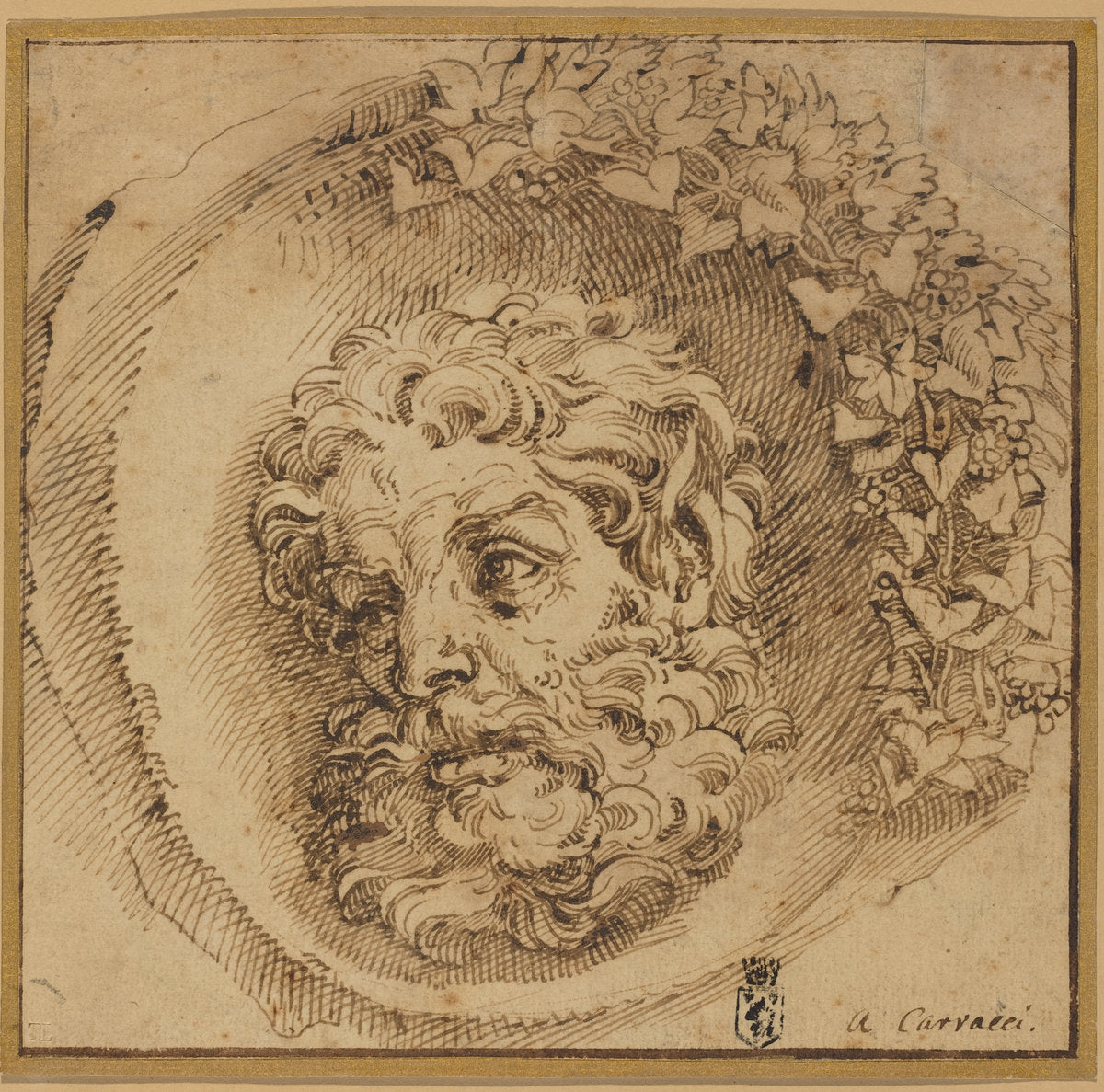 Head of a Faun in a Concave Roundel by Agostino Carracci (Bolognese, 1557 - 1602), 16X12"(A3)Poster Print