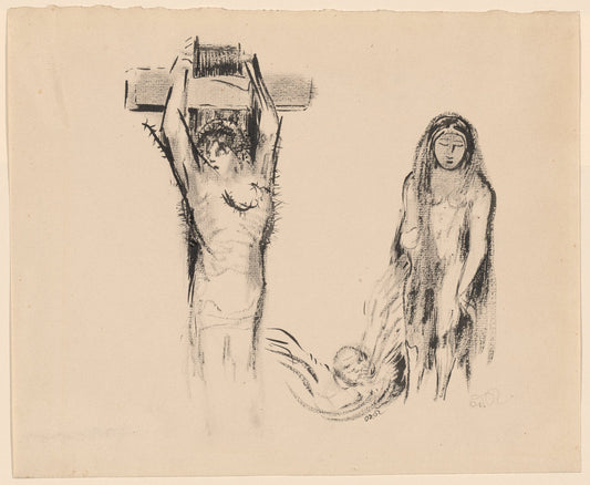 Saint Anthony and the Two Temptresses (Saint Antoine et deux Tentatrices) by Odilon Redon (French, 1840 - 1916), 16X12"(A3)Poster Print