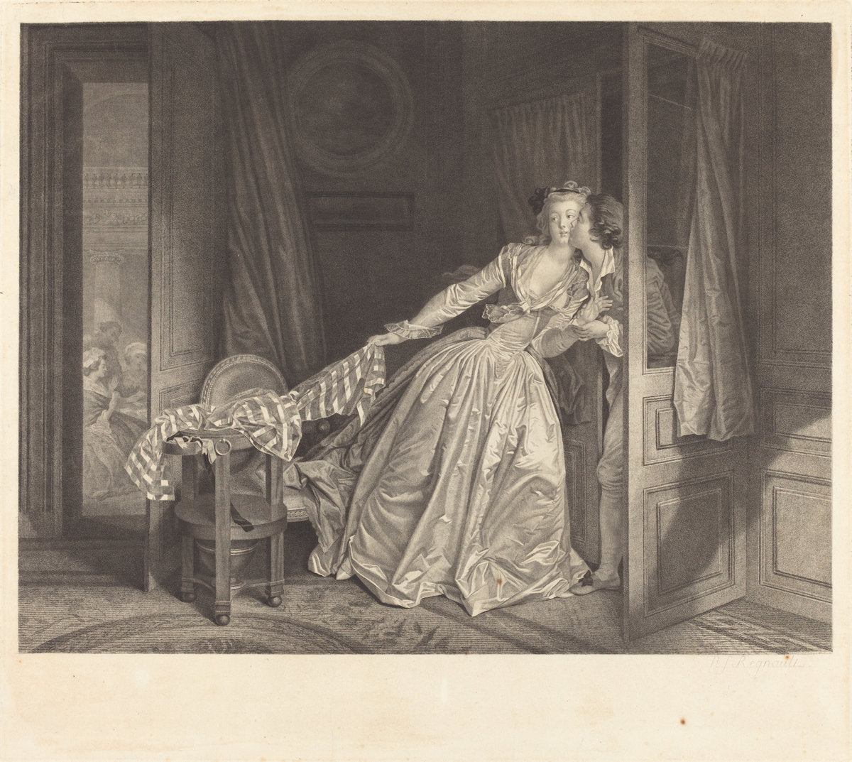 Le Baiser à la Derobée (The Stolen Kiss) by Nicolas François Regnault after Jean-Honoré Fragonard (French, 1746 - 1810), 16X12"(A3)Poster Print