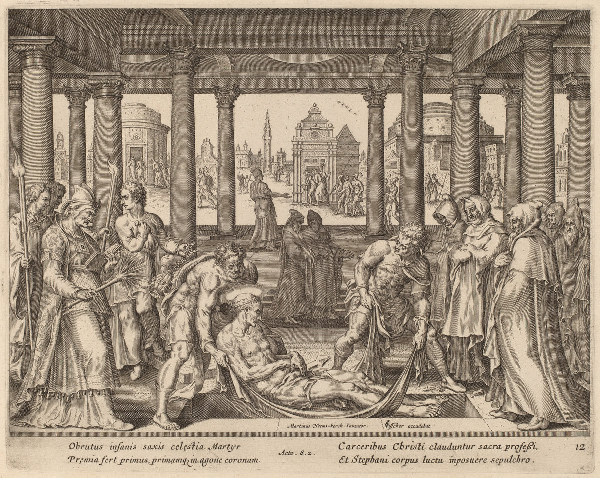 Devout Men Carrying Saint Stephen to His Burial by Philip Galle after Maerten van Heemskerck (Flemish, 1537 - 1612), 16X12"(A3)Poster Print